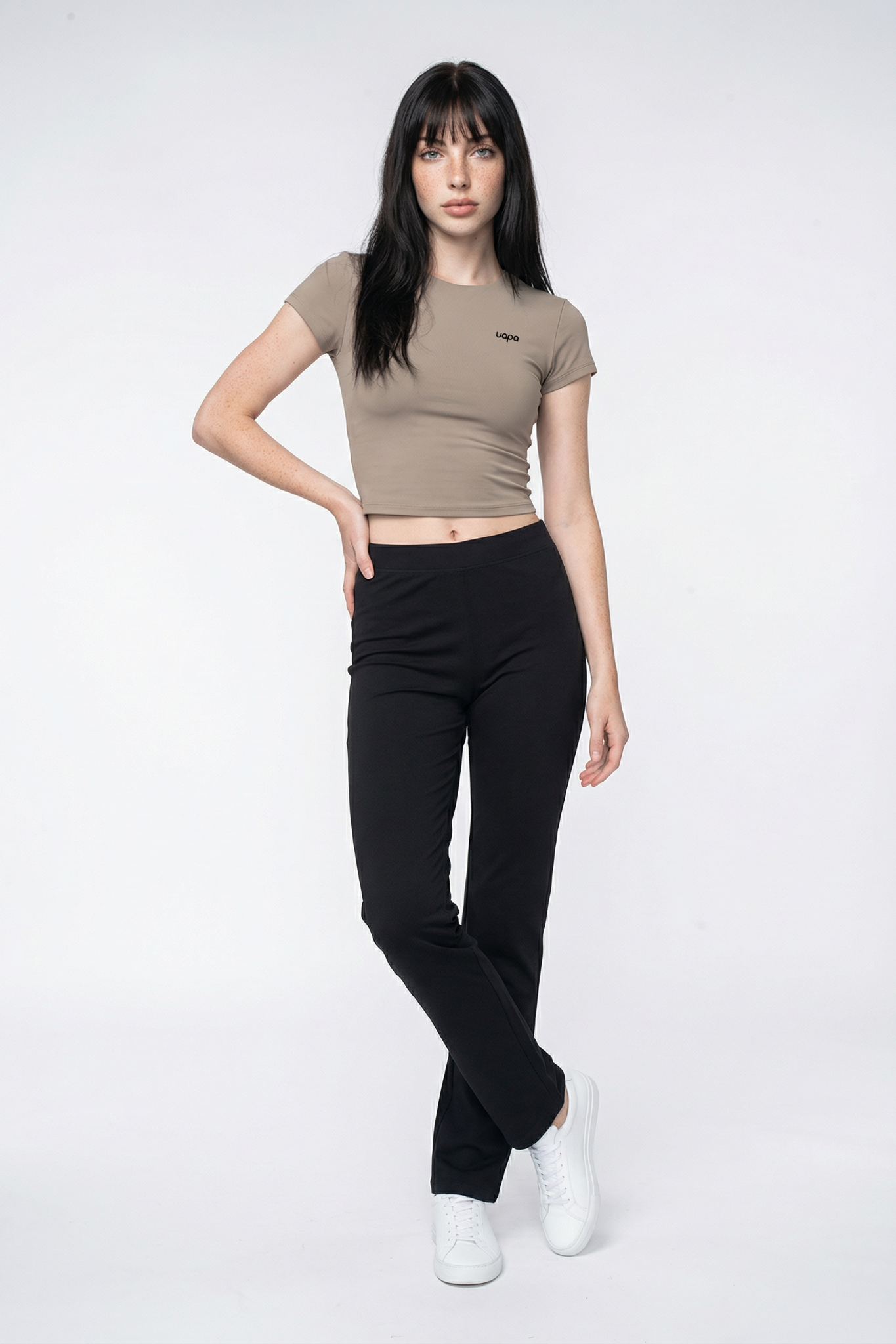 UAPA Crop Core Top in khaki — women's activewear crop top with UAPA logo