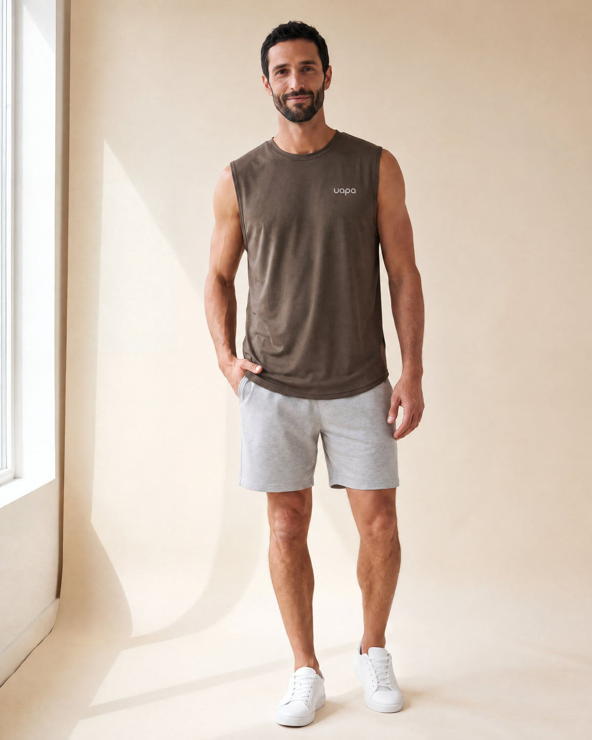 UAPA Motion Tank in Brown — men's activewear tank top, front view