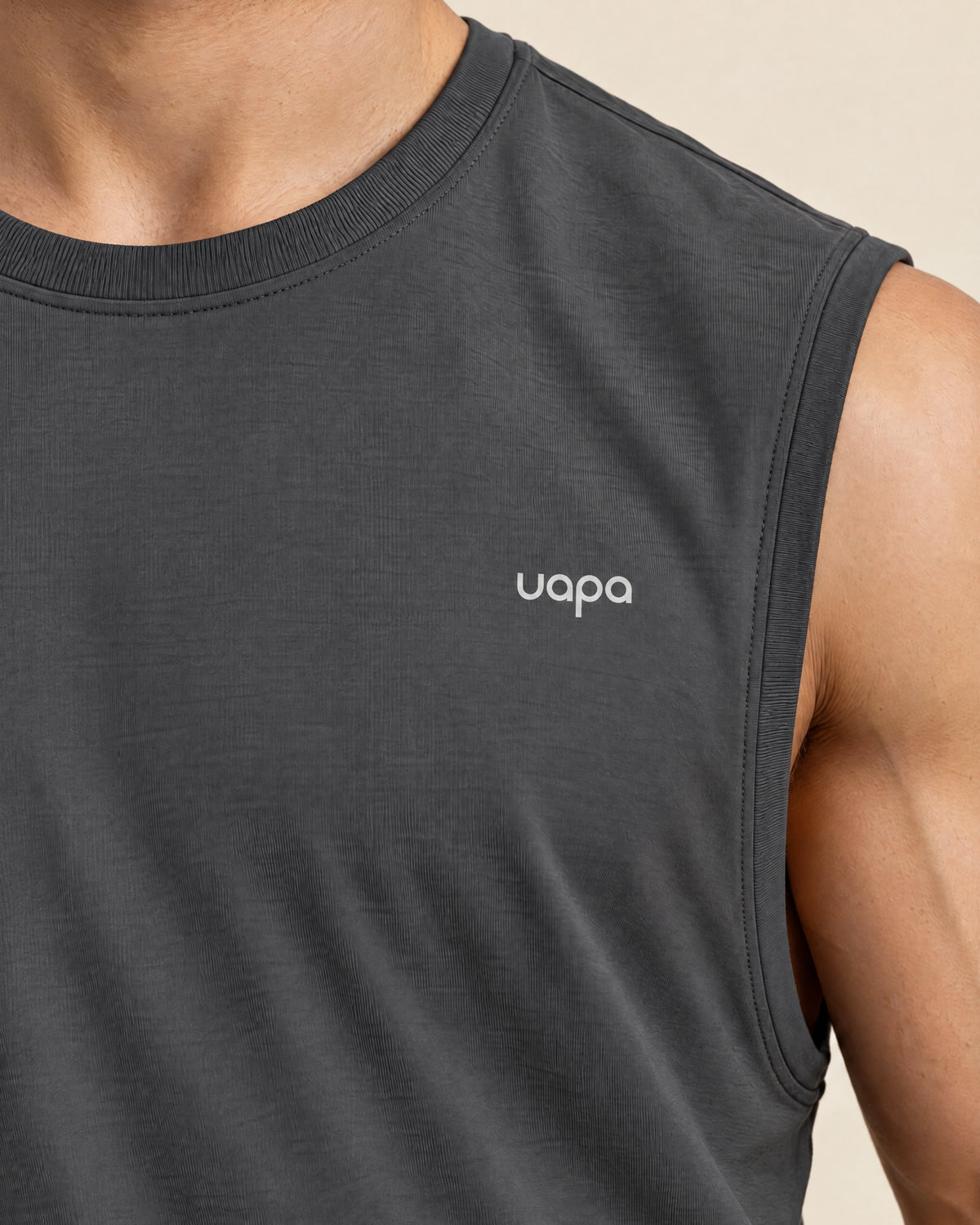 UAPA Motion Tank in Grey — men's activewear tank top, fabric detail
