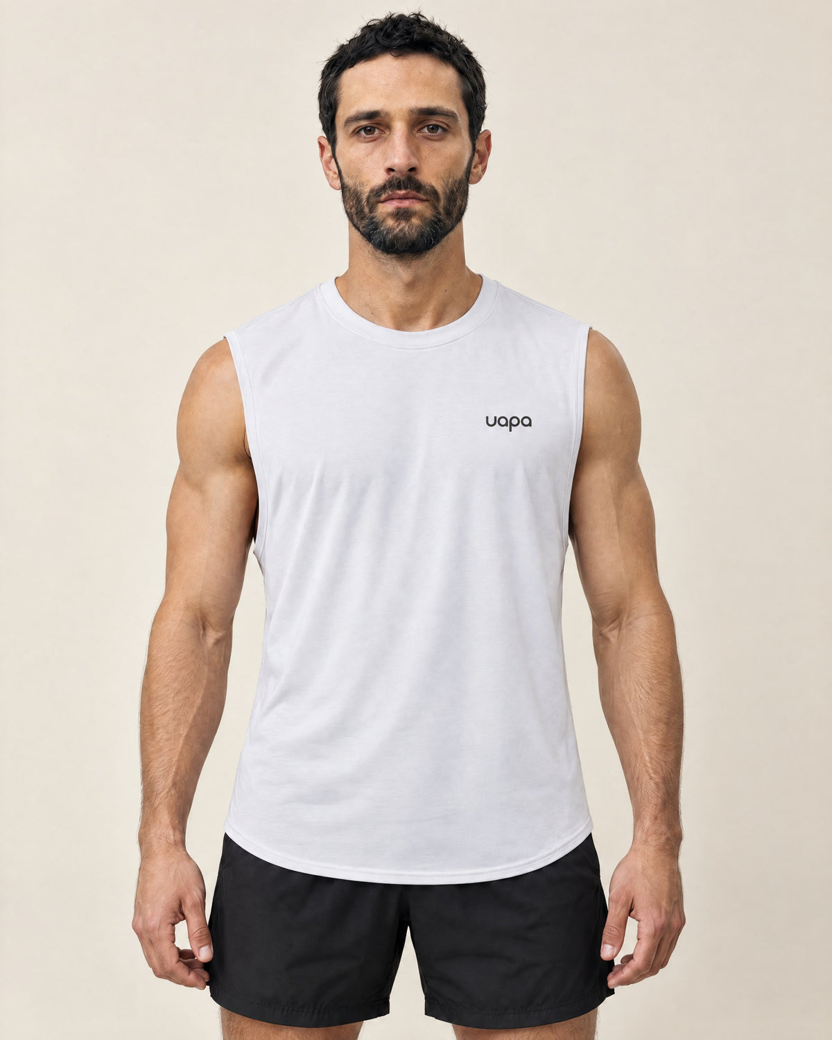 UAPA Motion Tank in White — men's activewear tank top, front view
