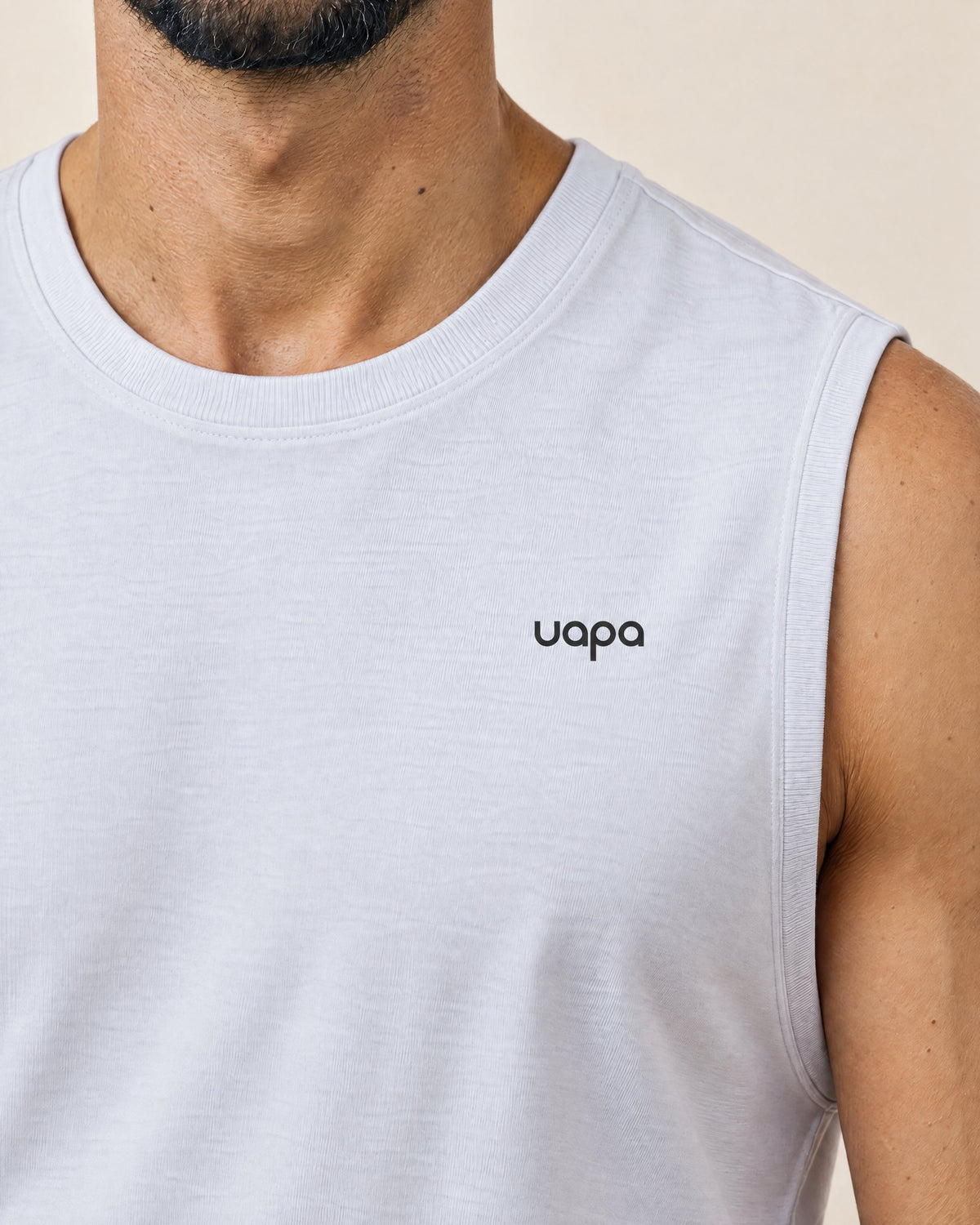 UAPA Motion Tank in White — men's activewear tank top, fabric detail