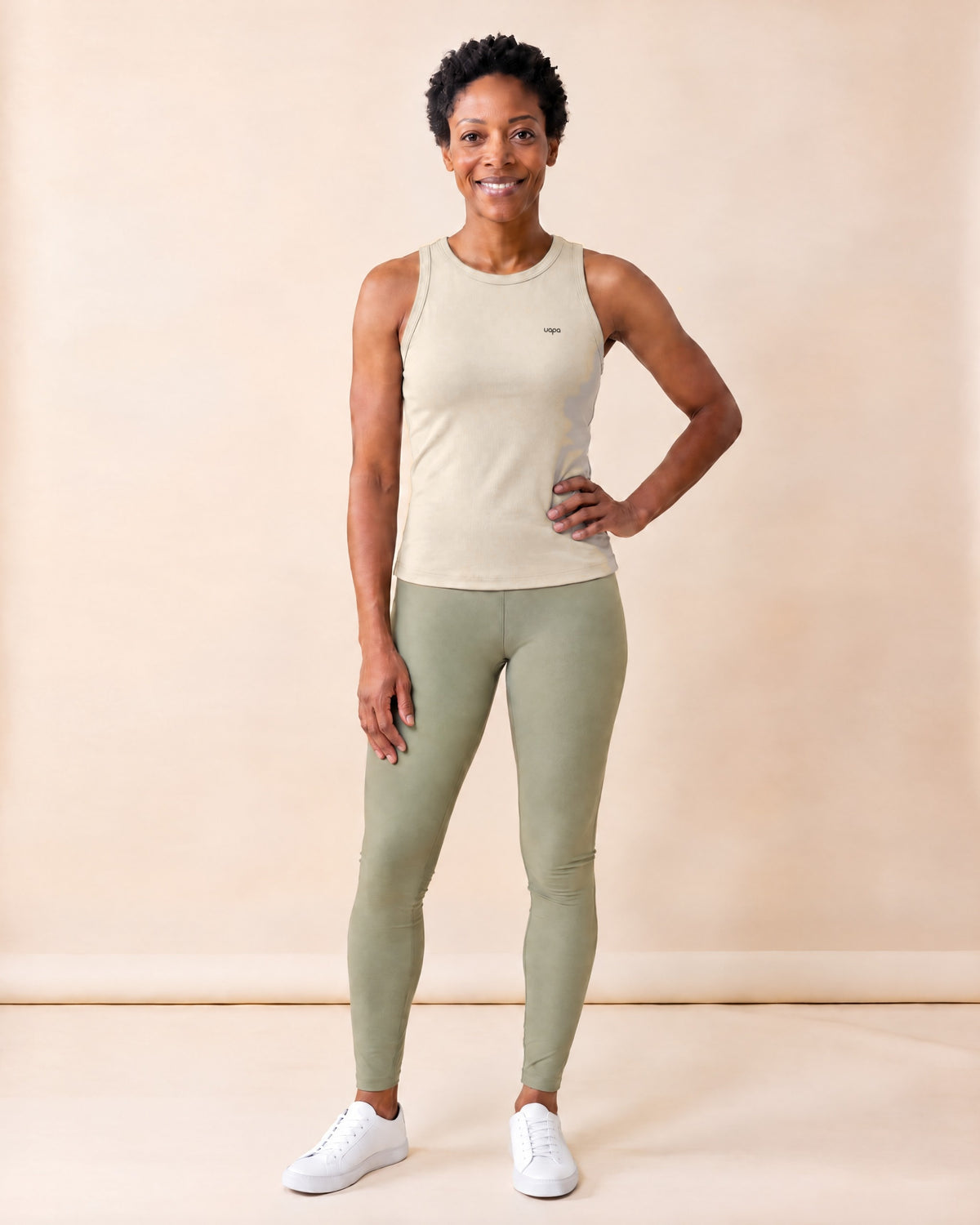 UAPA Vital Tank in Beige — women's activewear tank, front